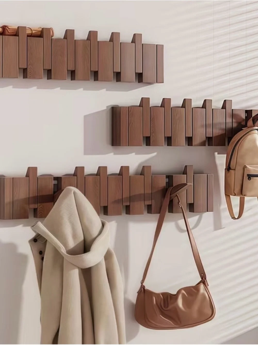 NEW Modern Brown Wooden Wall Hook Rack - Decorative Coat Hanger